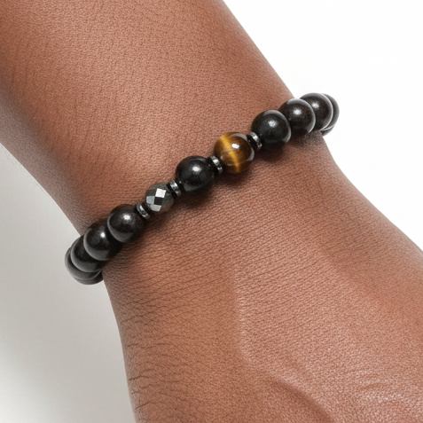 Afro hand model - tiger eye hematite bracelet