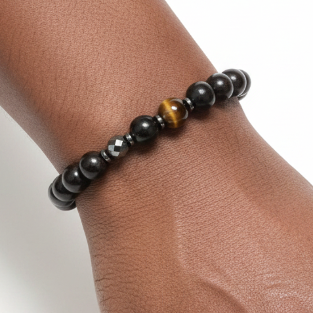 Afro hand model - tiger eye hematite bracelet