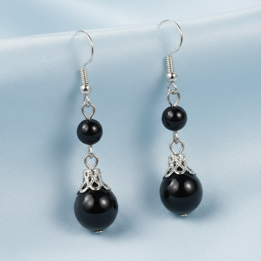 Black Agate Earrings - Baby Blue