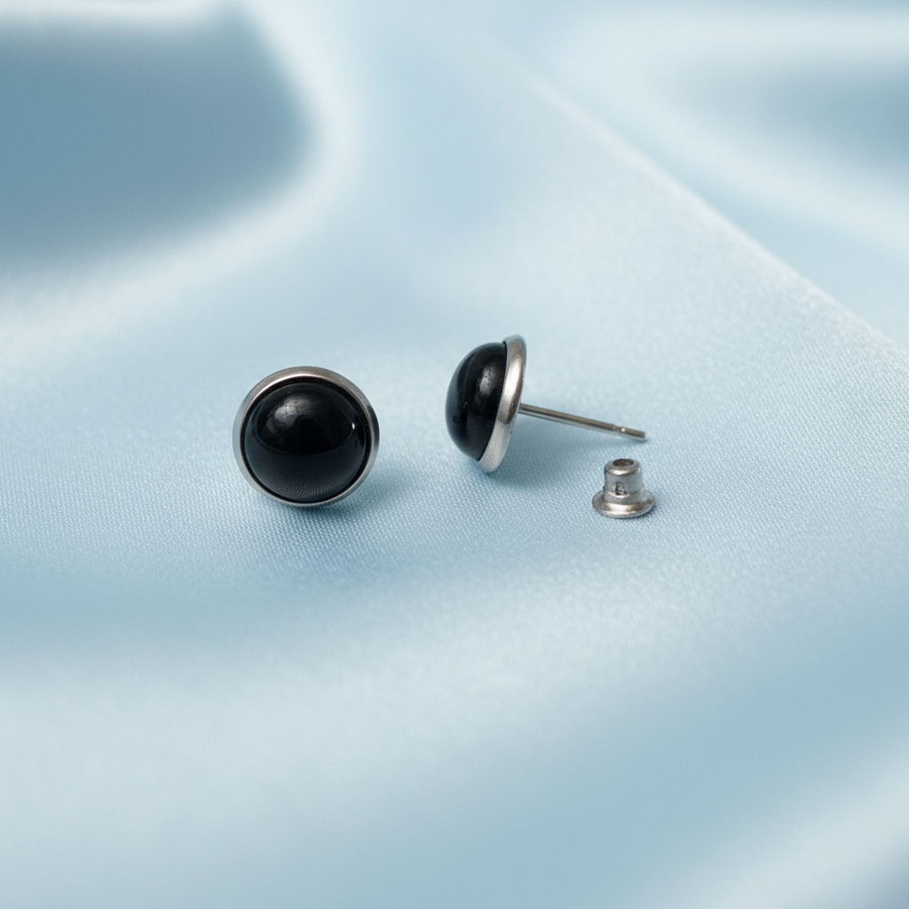 Black Agate Stud Earrings - Post Detail on Satin Blue