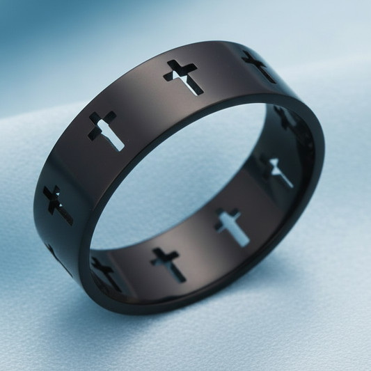 Black Cross Band Ring - Light Blue Satin
