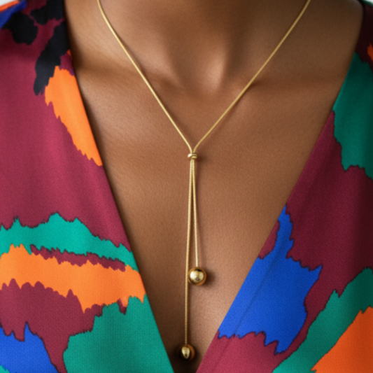 Gold Lariat Necklace on Afro Model
