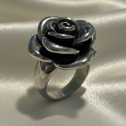 Antique Finish Rose Ring | Sculptural Floral Design | Stainless Steel