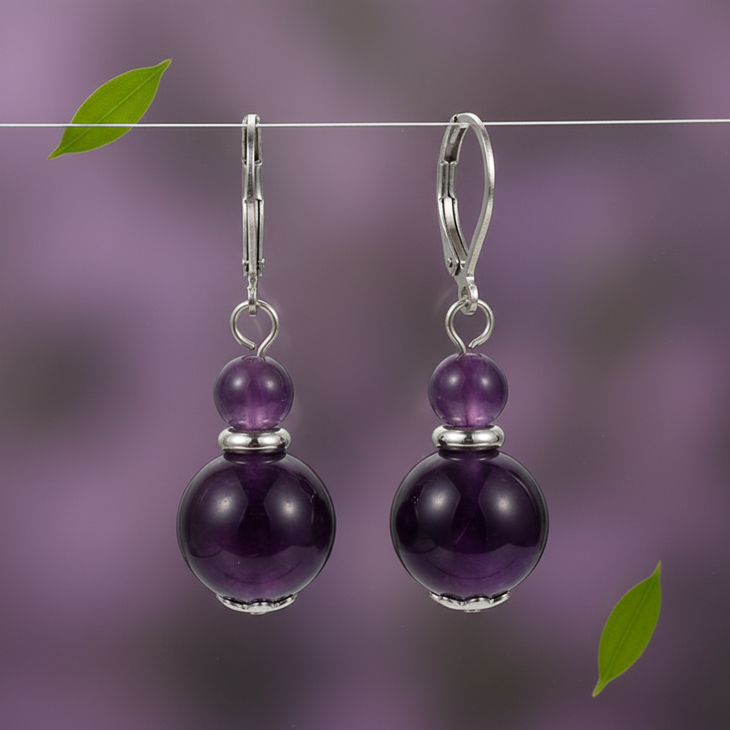 Amethyst double bead earrings on nature background
