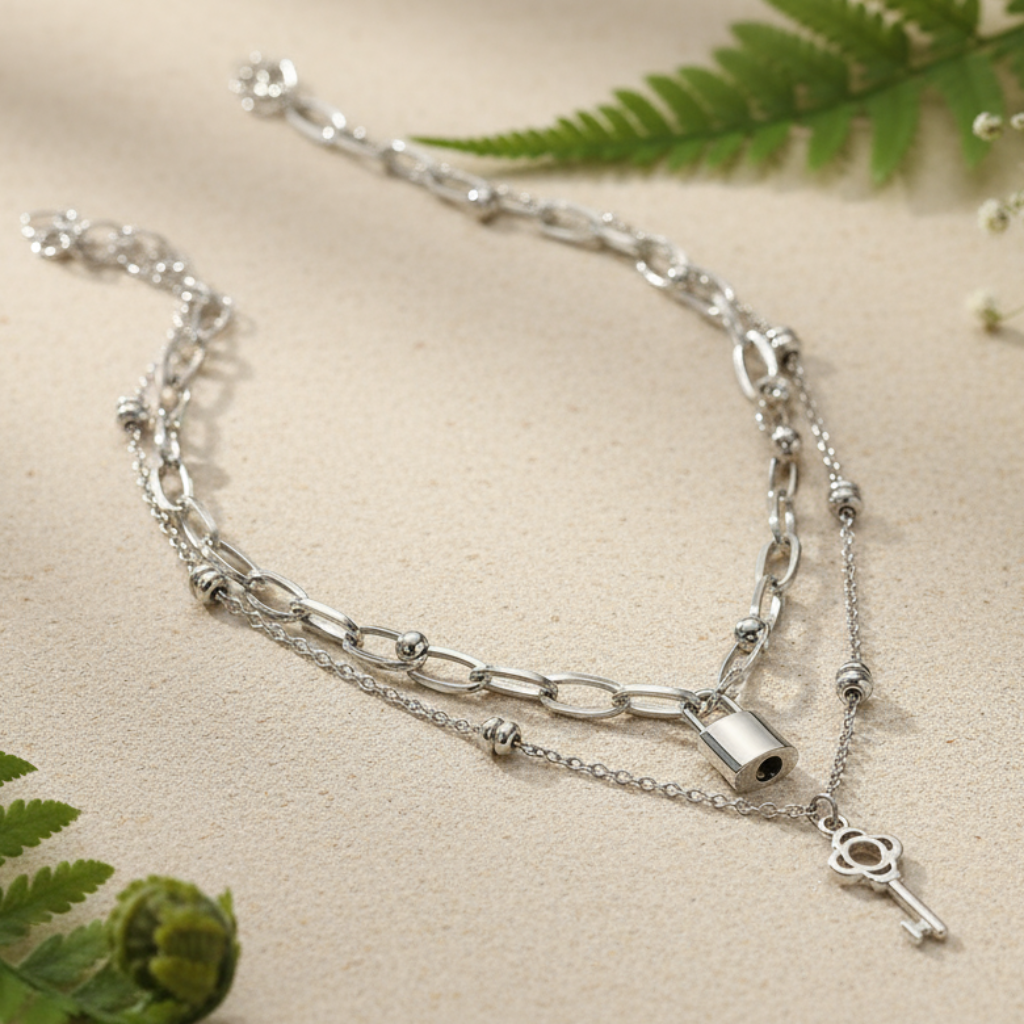 Lock and key necklaces with simple nature background