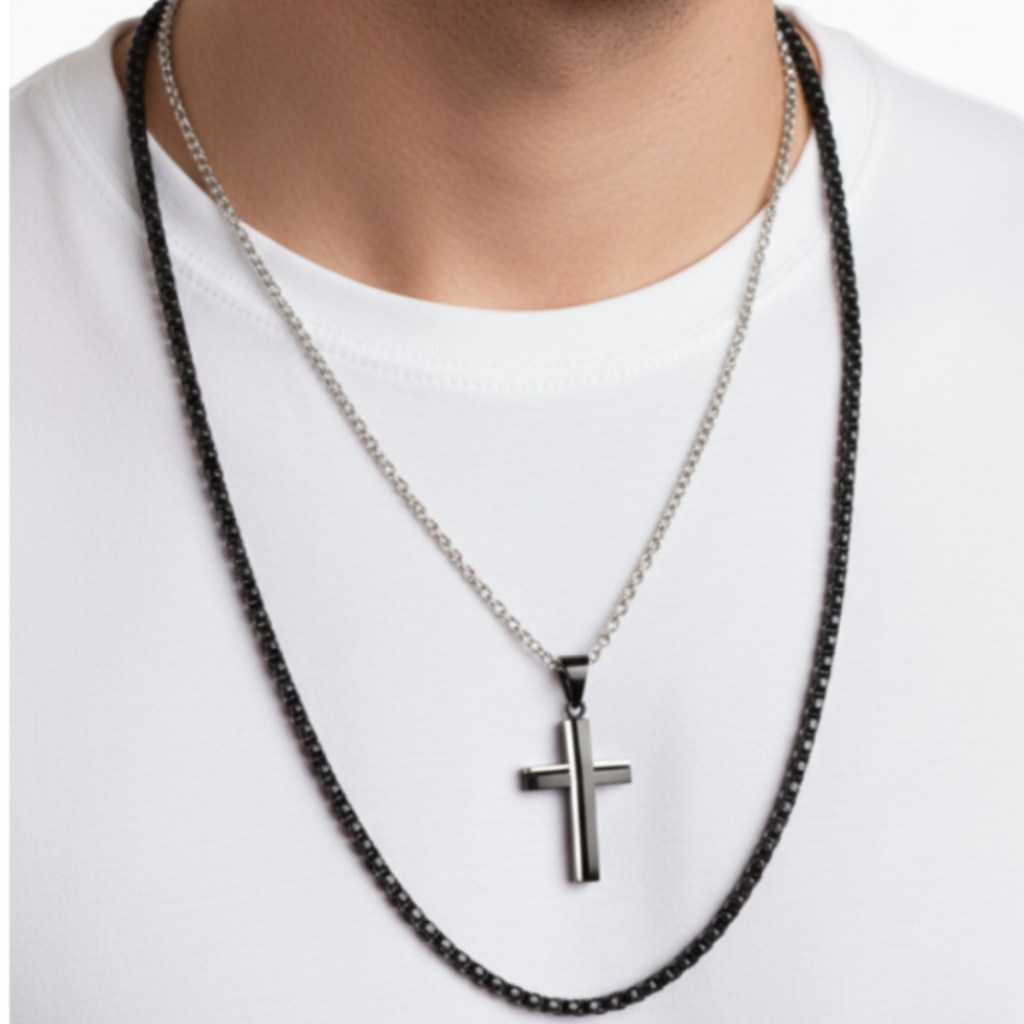 Men's Cross Necklace Set - White Background
