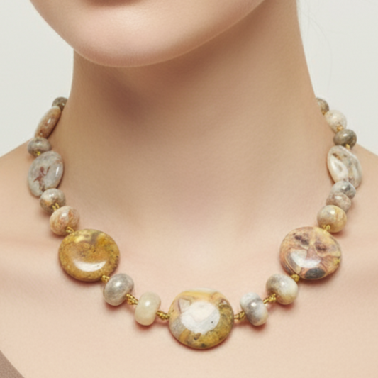Model in brown clothing wearing crazy agate necklace