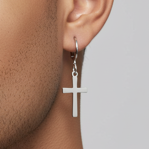 Modelo hombre piel oscura - cross earrings