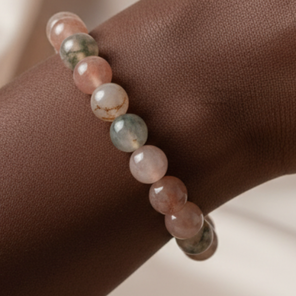 Pink Moss Agate Bracelet on Black Female Model
