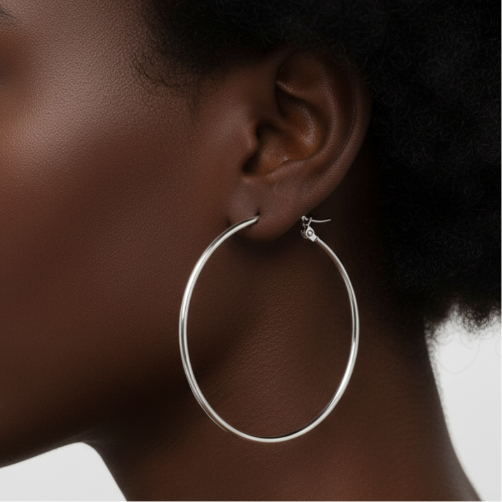 Silver Hoop Earrings – Black Model