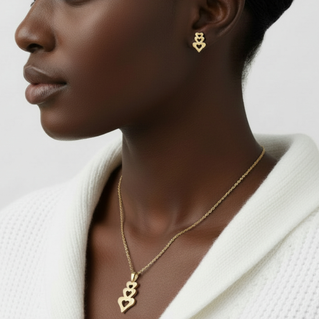 Triple Heart Set – Black Model White Sweater Facing Right