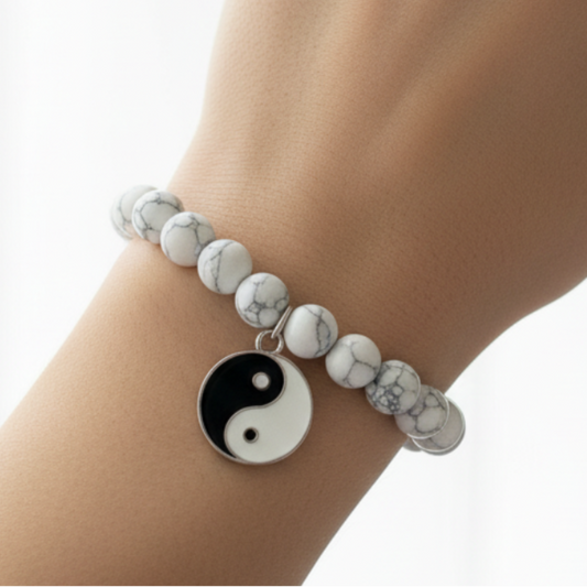 White howlite bracelet on wrist - close up
