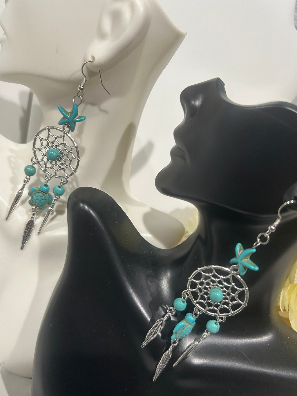 Boho Turquoise Dangle Earrings - Tibetan Silver