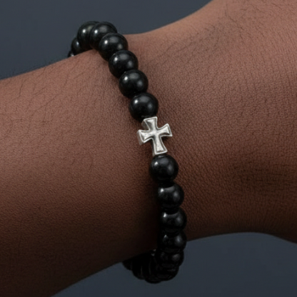 Afro hand model - black agate cross bracelet
