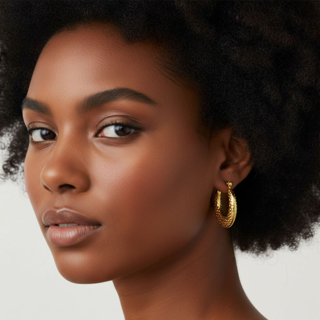 Afro model wearing dotted gold hoop earrings