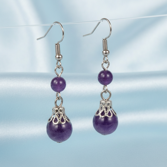 Amethyst Dangle Earrings - Satin Baby Blue Background
