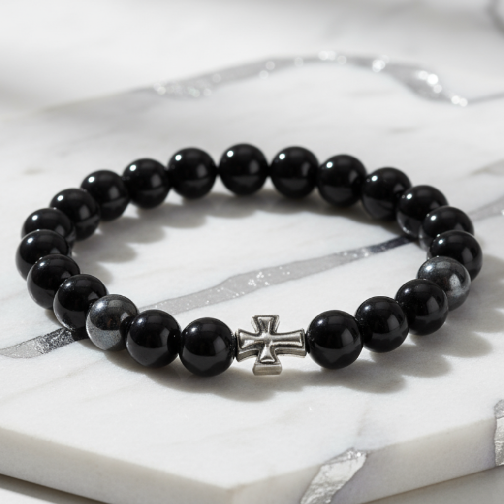 Black agate bracelet on marble