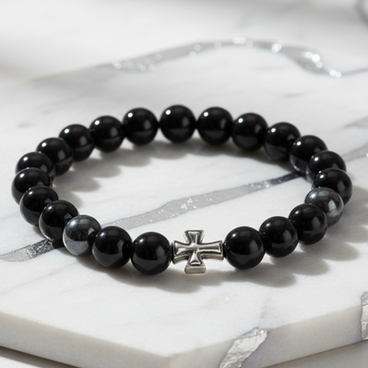 Black agate bracelet on marble