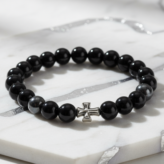 Black agate bracelet on marble