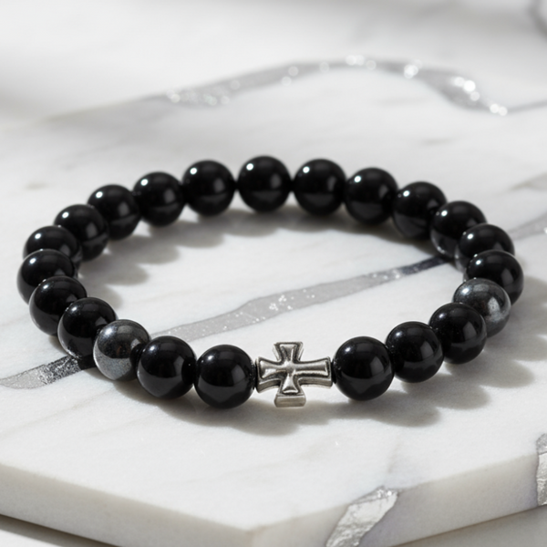 Black agate bracelet on marble