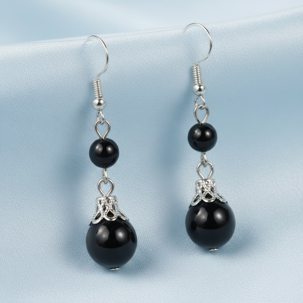 Black Agate Earrings - Baby Blue