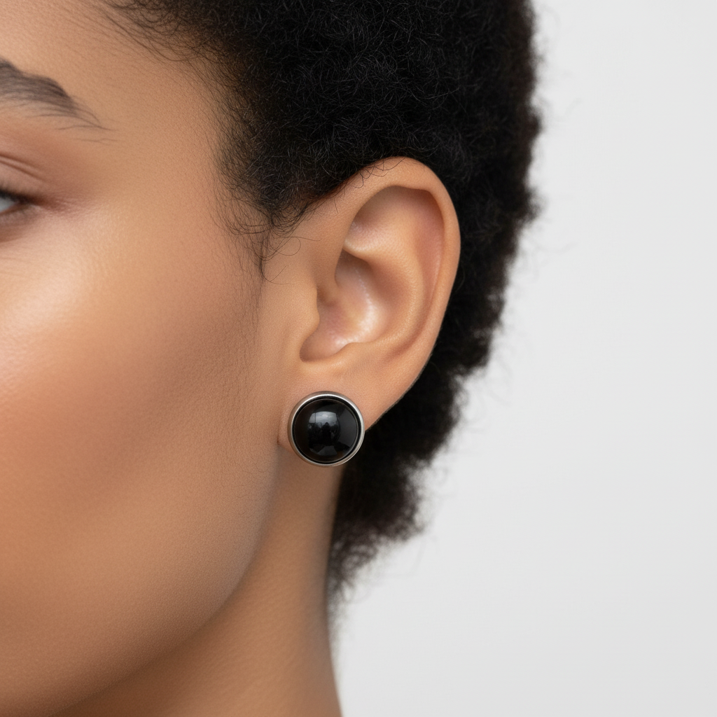 Black Agate Stud Earrings - Afro Model