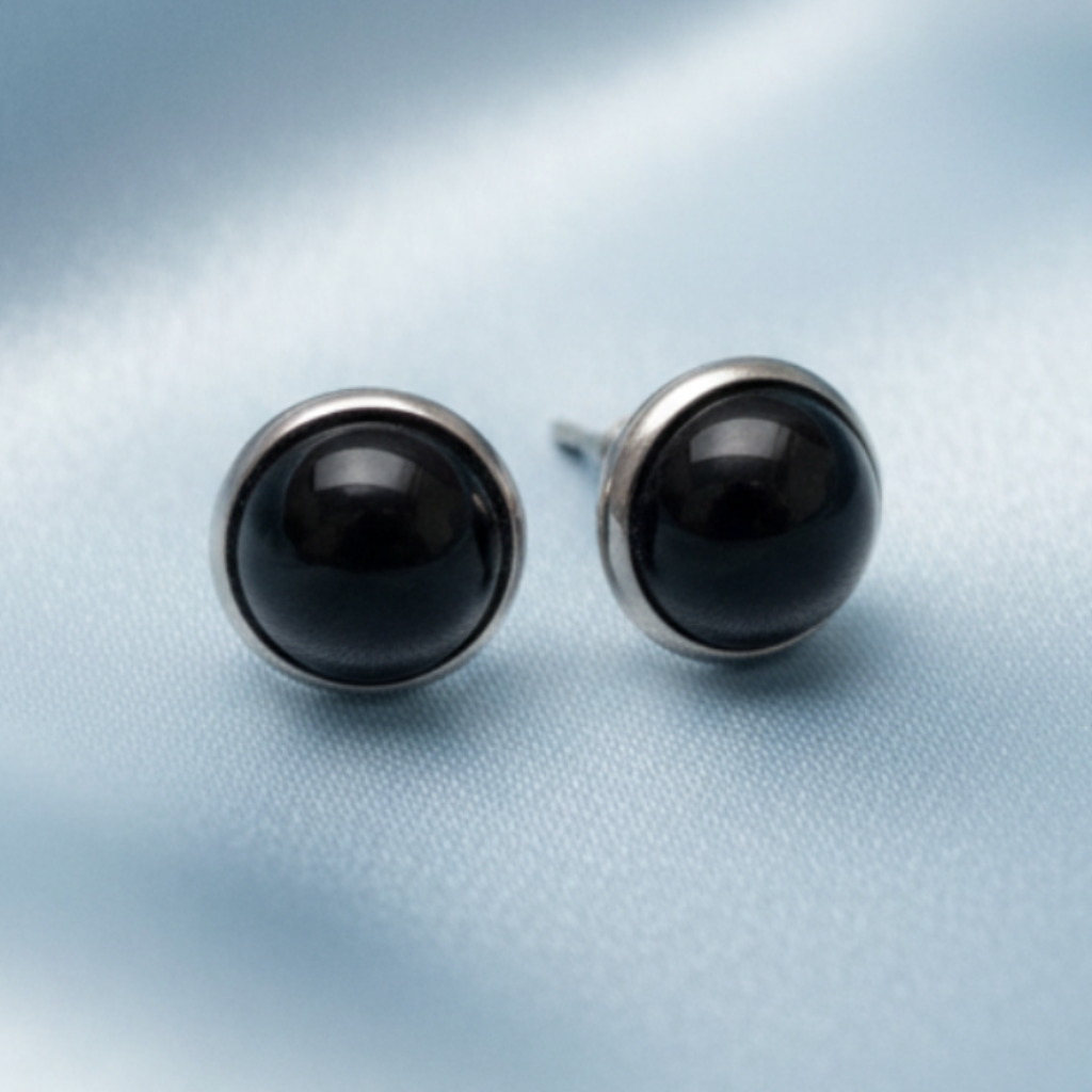 Black Agate Stud Earrings - Light Blue