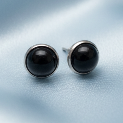 Black Agate Stud Earrings - Light Blue