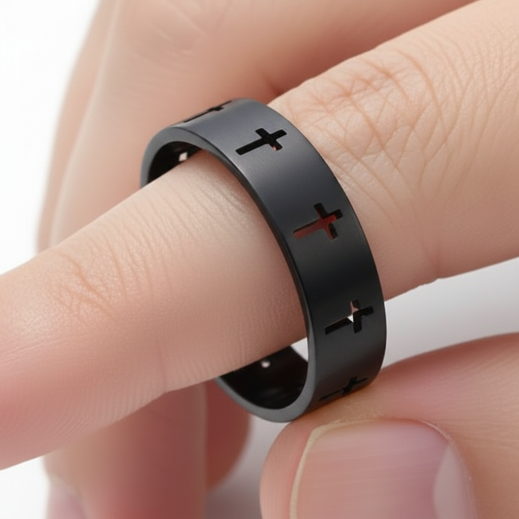 Black Cross Band Ring - Hand closeup