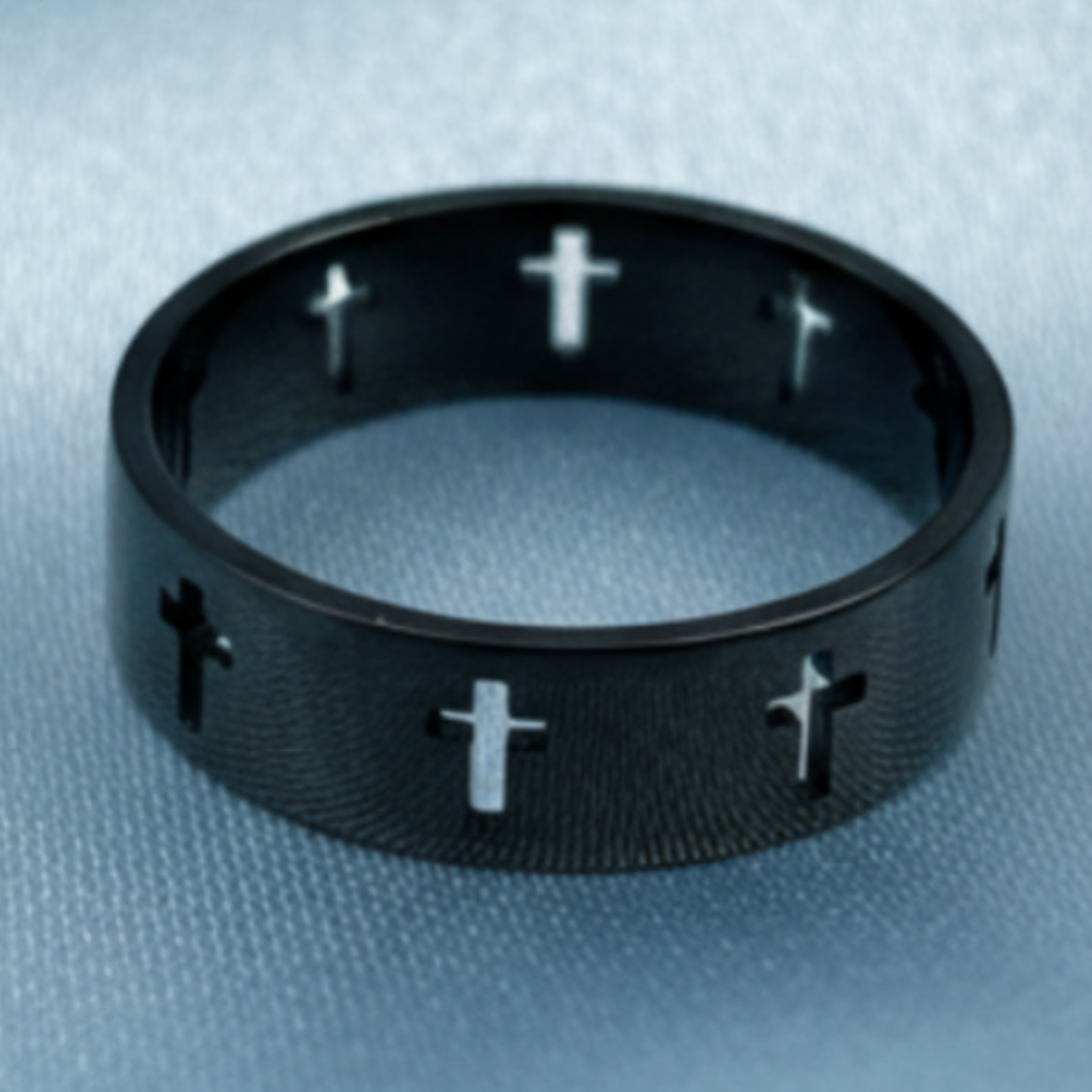 Black Cross Band Ring - Light Blue Satin