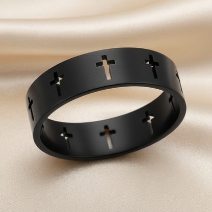 Black Cross Band Ring - Light Gold Satin