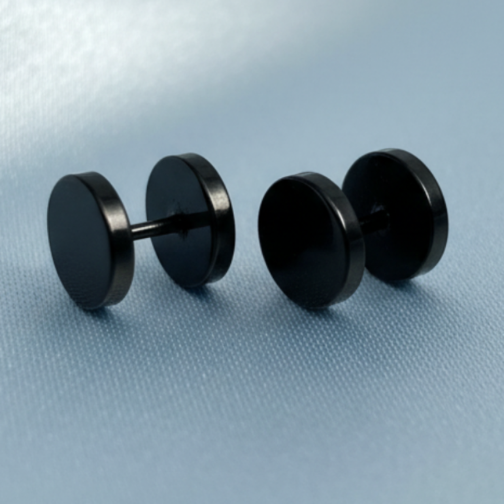 Black Fake Plug Earrings - Satin Light Blue