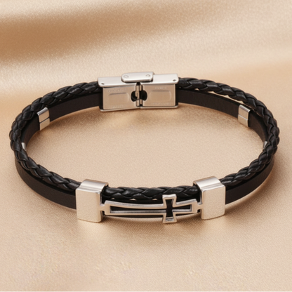 Black Leather Cross Bracelet - Fondo Champagne Satinado