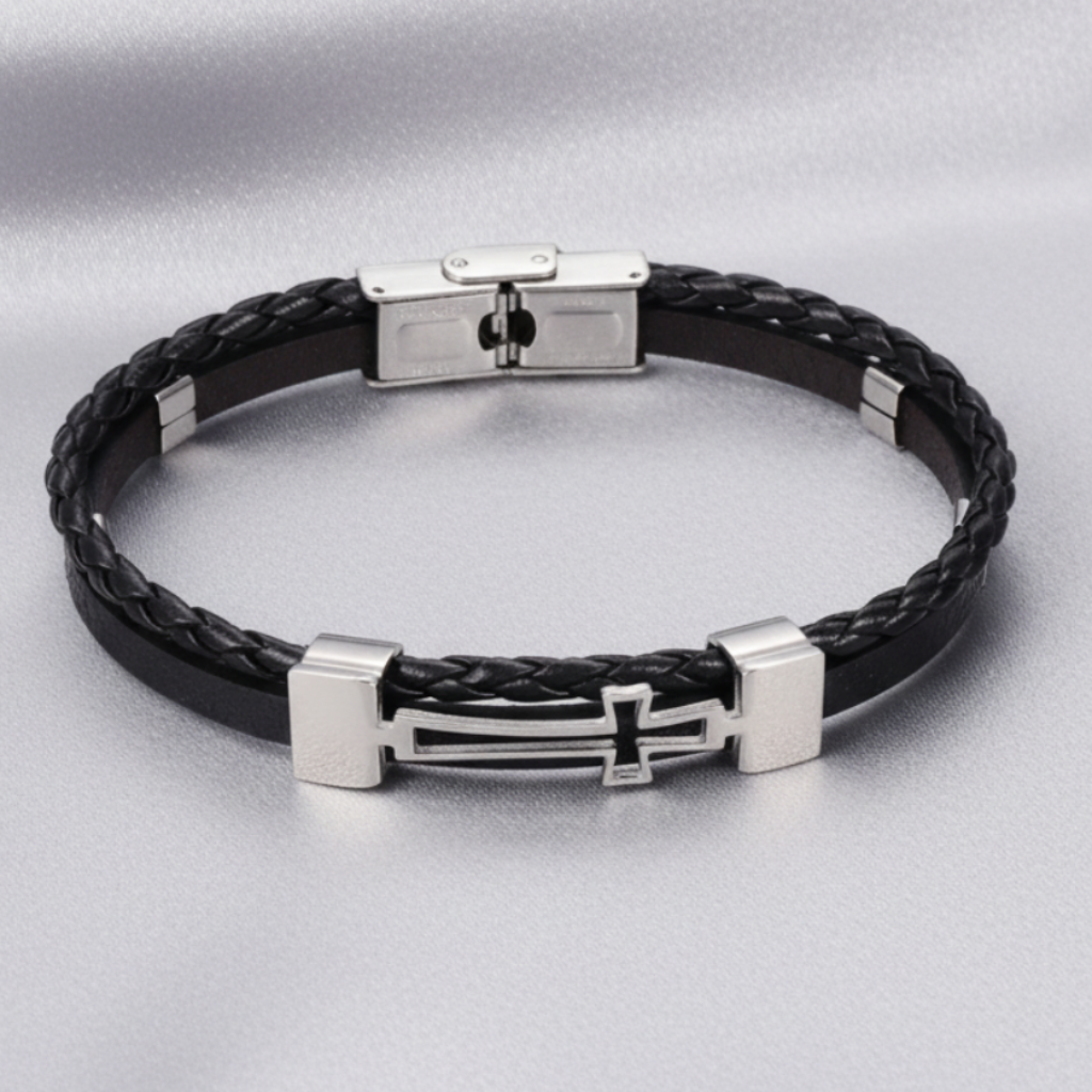 Black Leather Cross Bracelet on Satin