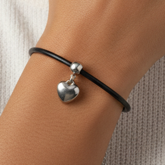 Black Leather Heart Bracelet - Model Shot 1
