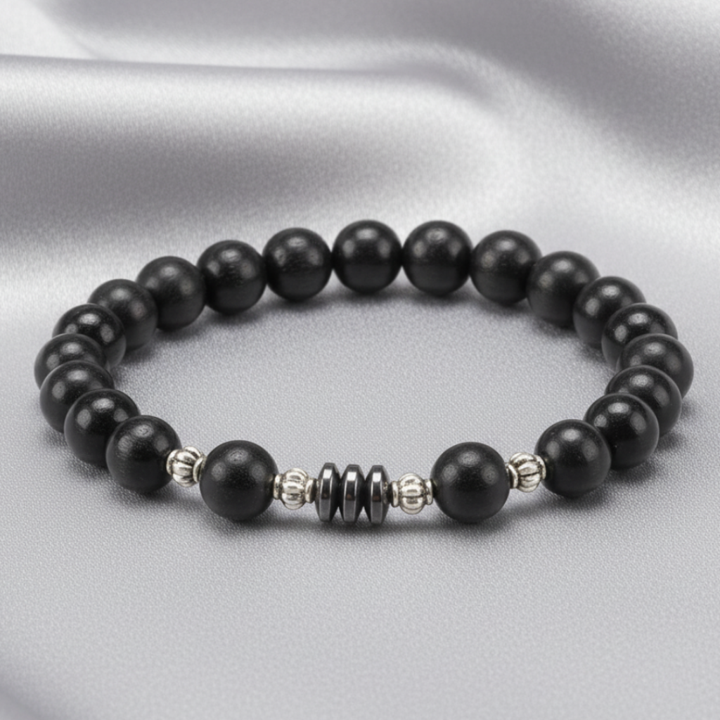 Black Wood Hematite Bracelet - Gray Satin