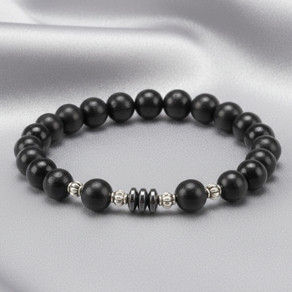 Black Wood Hematite Bracelet - Gray Satin