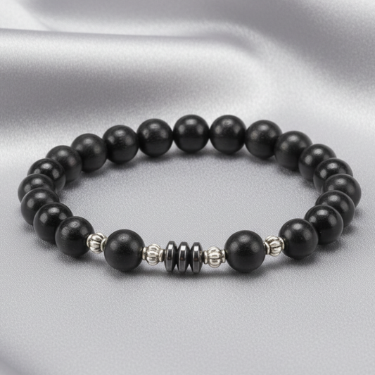 Black Wood Hematite Bracelet - Gray Satin