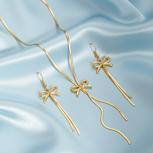 Bow Necklace Set - Light Blue Satin Background