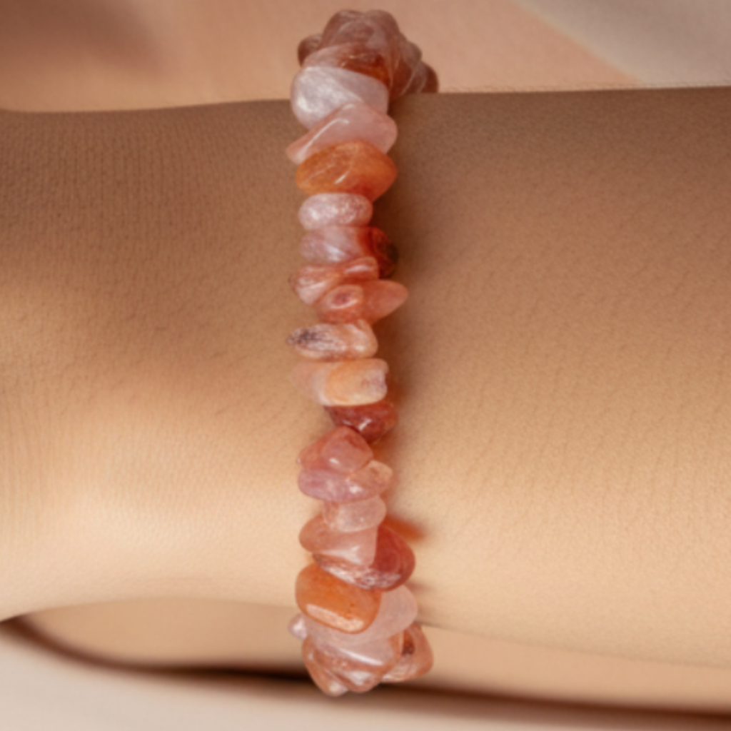 Carnelian and rose quartz chip bracelet on wrist