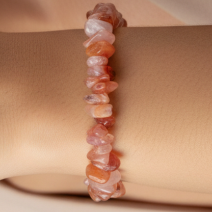 Carnelian and rose quartz chip bracelet on wrist