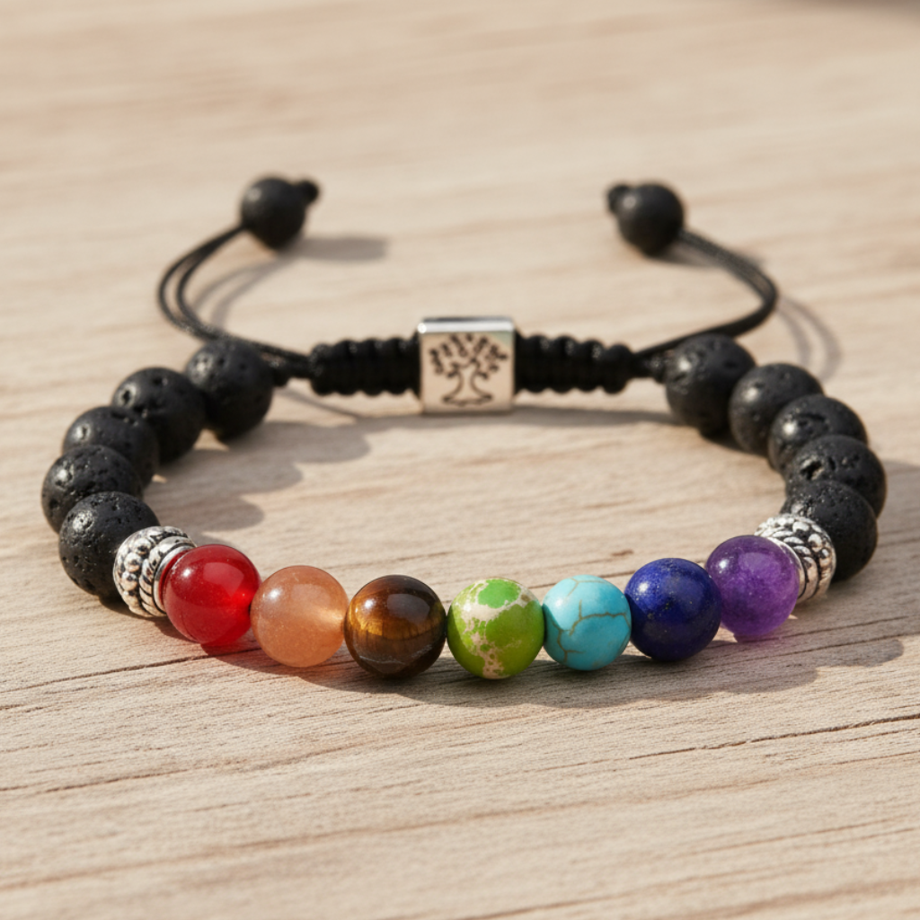 Chakra bracelet alone on wood