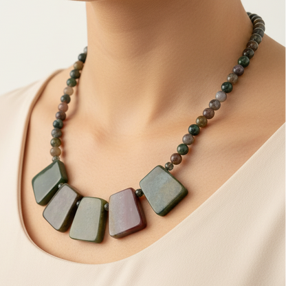 Close-up Model Wearing Indian Agate Necklace