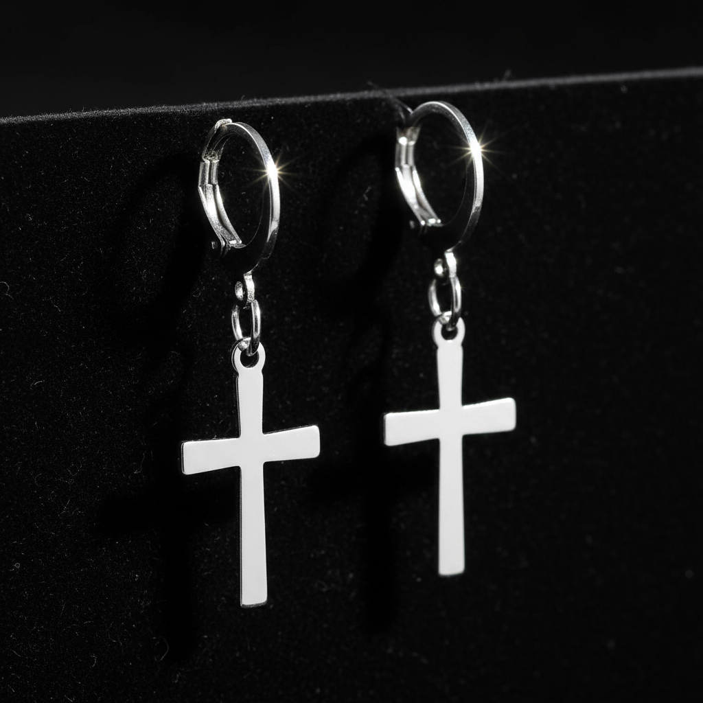 Cross hoop earrings on black velvet