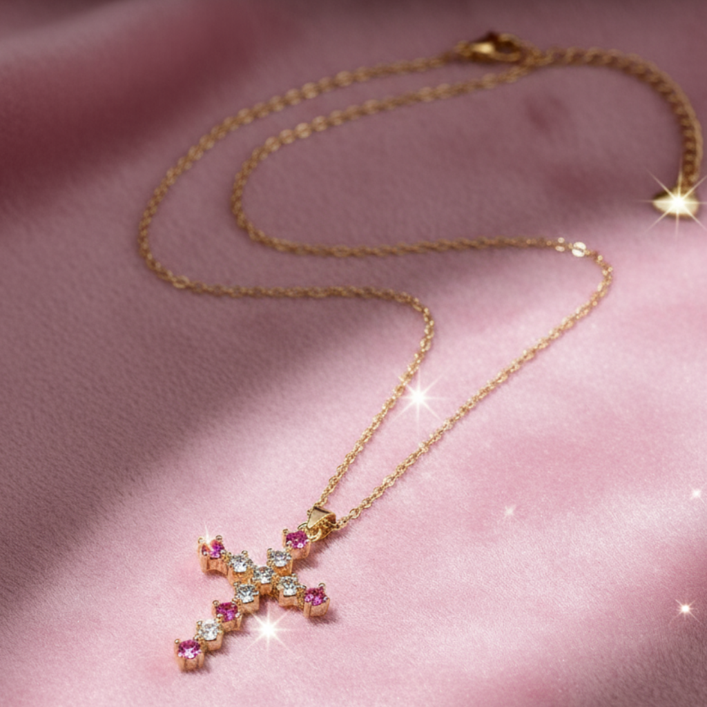 Cross necklace on pink velvet