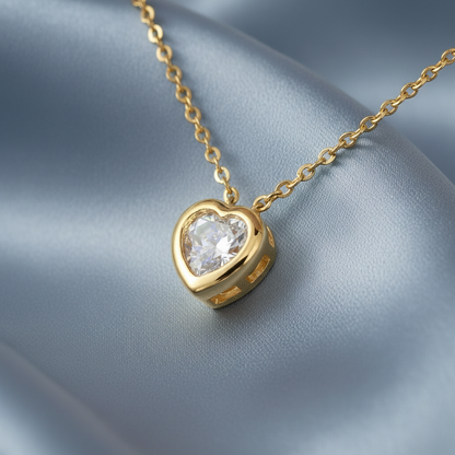 CZ Heart Gold Pendant Blue Satin Background