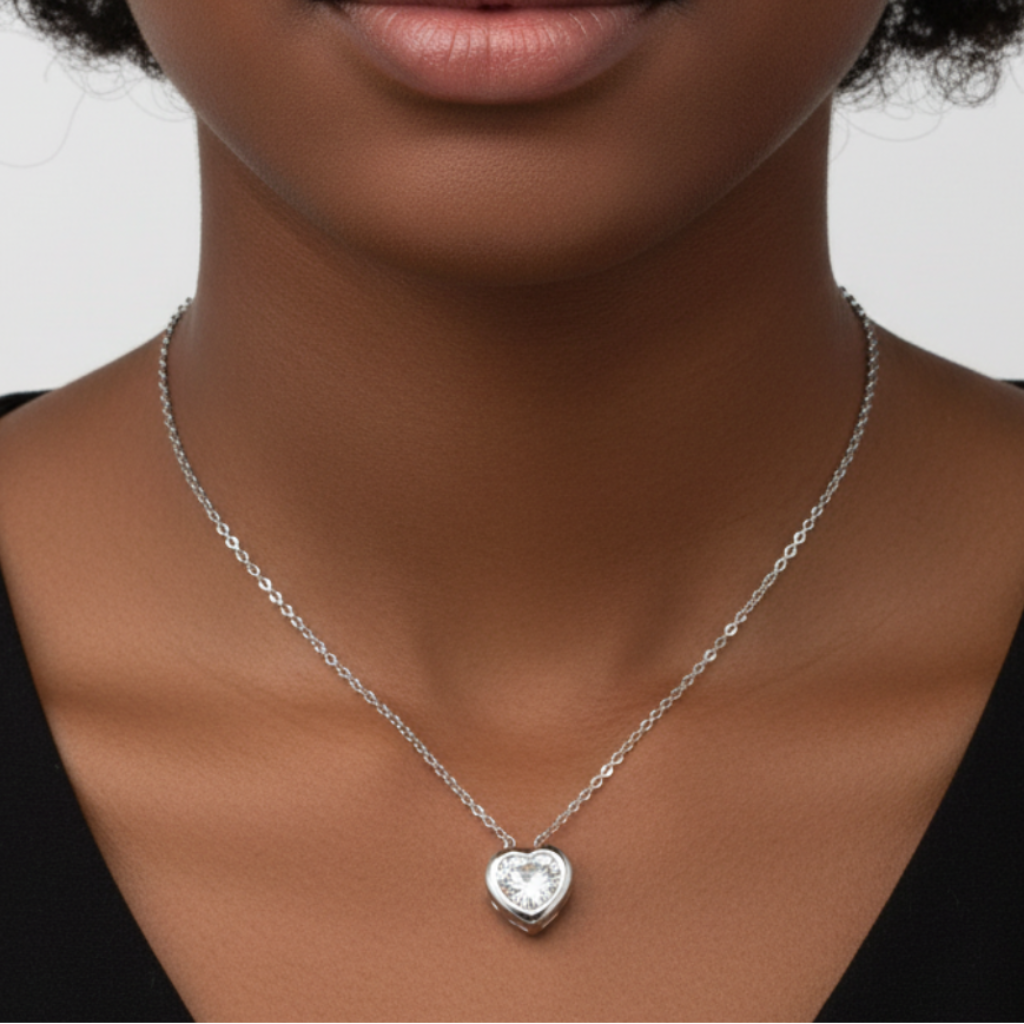 CZ Heart Necklace Silver Afro Model