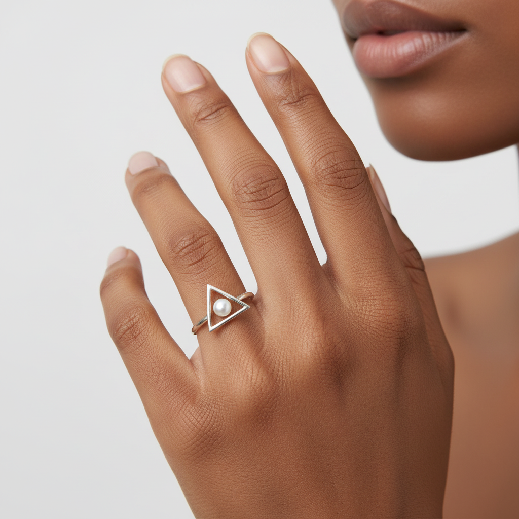 Dainty Triangle Pearl Ring - Afro Model Hand