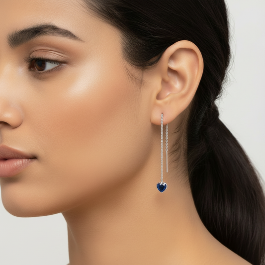 Dark Navy Blue Heart Threader Earrings