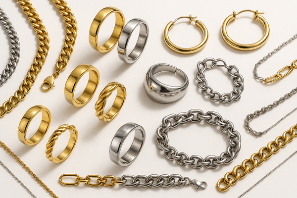 Elegant stainless steel jewelry collage featuring rings, necklaces, bracelets and earrings in gold and silver finishes